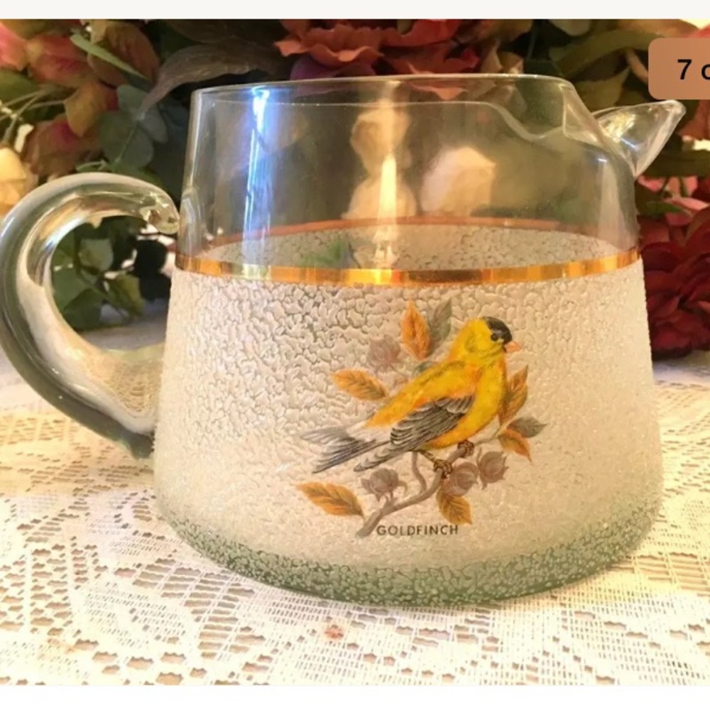 Vintage Textured Frosted Songbird Pitcher 4 Glasse - Picture 7 of 8